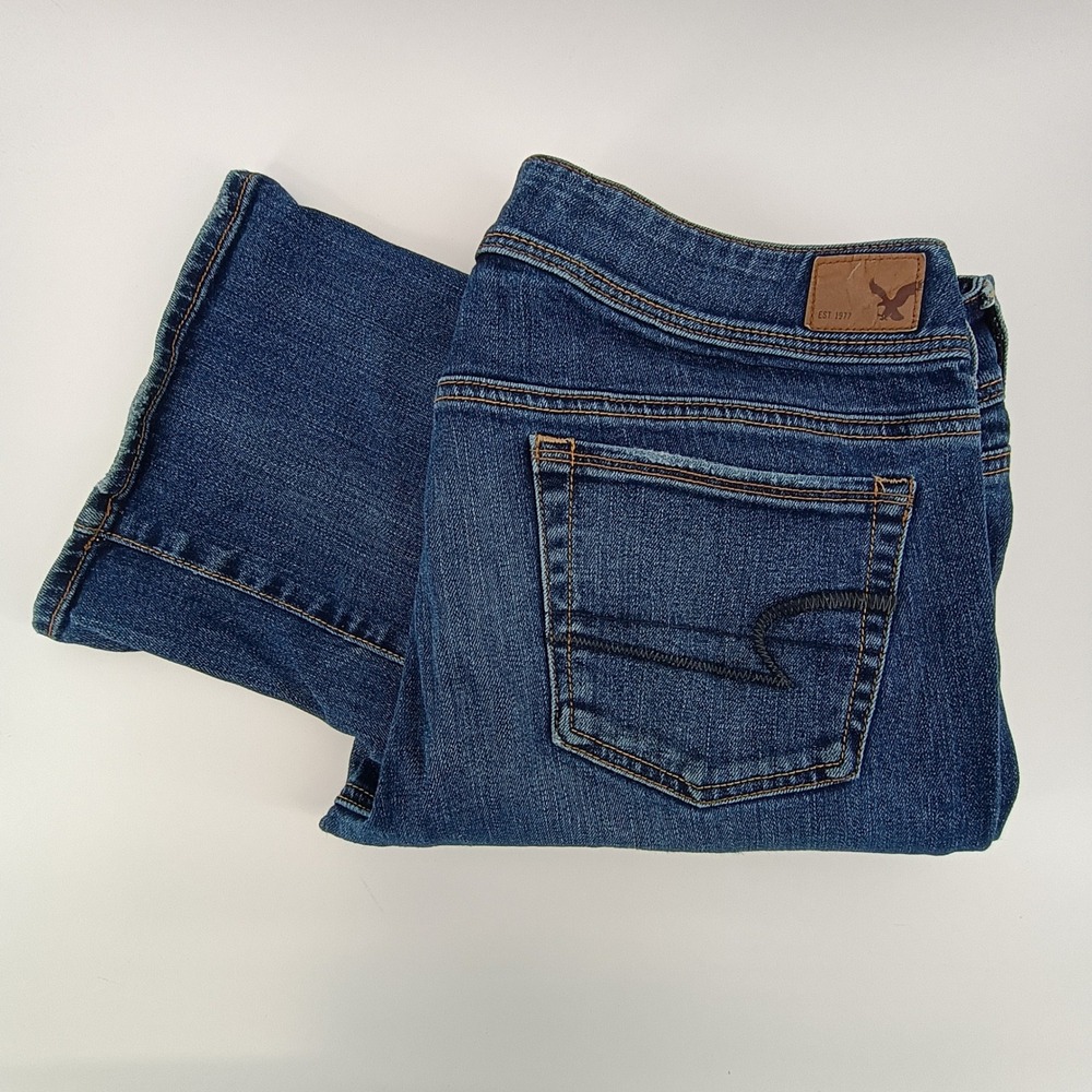 American Eagle Womens Jeans Size 12 Stretch Kick Boot Distressed Blue Denim